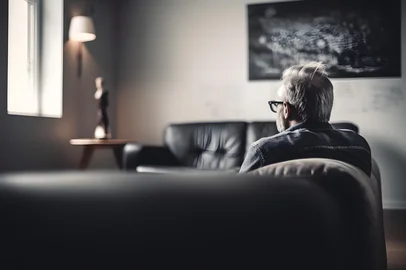 Elderly man alone and sitting in his living room looking out the window. Concept of loneliness, sadness and depression in the elderly. Generative ai.Fonte: 601767862<!-- NICAID(15461564) -->