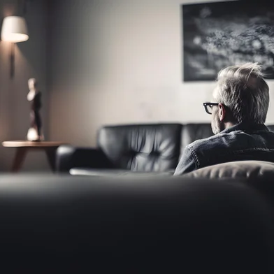 Elderly man alone and sitting in his living room looking out the window. Concept of loneliness, sadness and depression in the elderly. Generative ai.Fonte: 601767862<!-- NICAID(15461564) -->