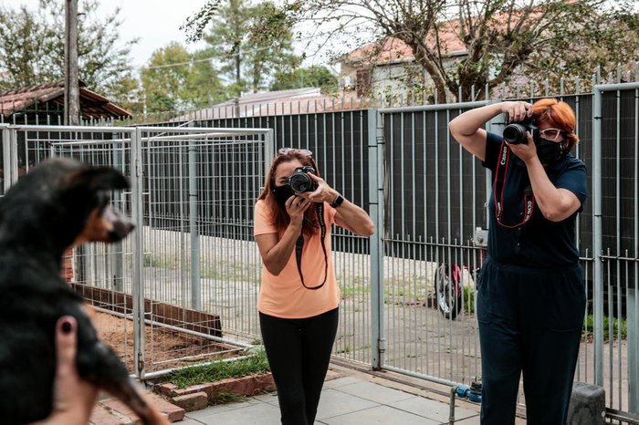 Suzana Hartz (E) e Márcia Messa fazendo fotos dos pets