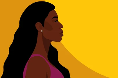 Beautiful black woman with long hair. Young african american. Portrait of young woman with beautiful face. Side view. Yellow background.Fonte: 356525733<!-- NICAID(15822477) -->
