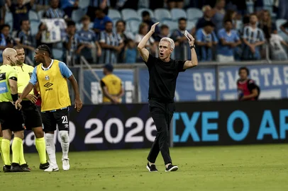 PORTO ALEGRE, RS, BRASIL, 02-02-2026: - Na arena, Grêmio enfrenta o Botafogo pela segunda rodada do Brasileirão 2026. Fotos: Duda Fortes/Agencia RBS<!-- NICAID(16219086) -->