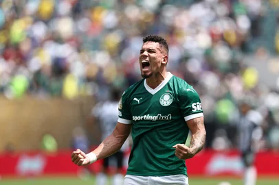 Palmeiras' Brazilian forward #10 Paulinho celebrates after scoring the opening goal during the FIFA Club World Cup 2025 round of 16 all-Brazilian football match between Palmeiras and Botafogo at Lincoln Financial Field Stadium in Philadelphia on June 28, 2025. (Photo by FRANCK FIFE / AFP)<!-- NICAID(16069630) -->