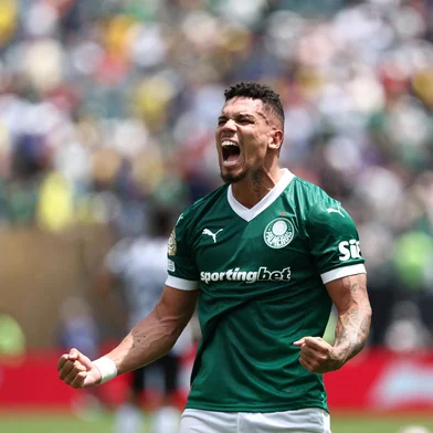 Palmeiras' Brazilian forward #10 Paulinho celebrates after scoring the opening goal during the FIFA Club World Cup 2025 round of 16 all-Brazilian football match between Palmeiras and Botafogo at Lincoln Financial Field Stadium in Philadelphia on June 28, 2025. (Photo by FRANCK FIFE / AFP)<!-- NICAID(16069630) -->