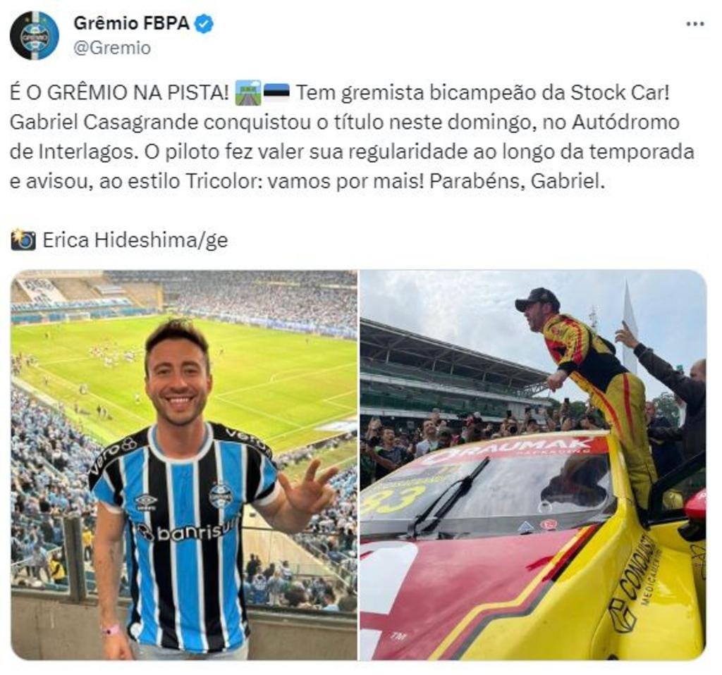 Gabriel Casagrande conquista bicampeonato da Stock Car e recebe parabéns do Grêmio