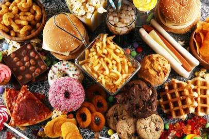 Imagem que ilustra uma grande variedade de comidas não saudáveis<!-- NICAID(15409341) -->