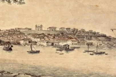 Em aquarela de 1827, Caminho Novo e cidade de Porto Alegre. Ela está equivocadamente com o título de Paranaguá.<!-- NICAID(15728329) -->