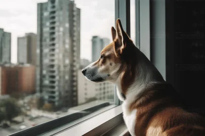 Corgi lonely dog â€‹â€‹looks out of the window as he is far from his owner who has to work outside. Pets and animal concept. Generative AIFonte: 611895068<!-- NICAID(15612922) -->
