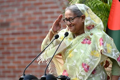 (FILES) (FILES) Bangladesh's Prime Minister Sheikh Hasina accepts the greetings from the assembled media and election observers while addressing a press conference, a day after she won the 12th parliamentary elections, in Dhaka on January 8, 2024. A Bangladesh court on November 17, 2025, sentenced ousted prime minister Sheikh Hasina to death for crimes against humanity. Hasina, 78, defied court orders that she return from India to attend her trial about whether she ordered a deadly crackdown against a student-led uprising that ousted her in August 2024. (Photo by Indranil MUKHERJEE / AFP)<!-- NICAID(16168617) -->