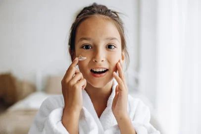 Cute girl applying face creamGarota fazendo skincare - Foto: Petro/stock.adobe.comFonte: 521164133<!-- NICAID(15683556) -->