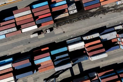This aerial view shows containers in the port of Buenos Aires, on February 26, 2026. (Photo by LUIS ROBAYO / AFP)<!-- NICAID(16233714) -->