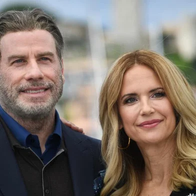 ator John Travolta e a esposa Kelly Preston no festival de Cannes, em 2018.<!-- NICAID(14543615) -->