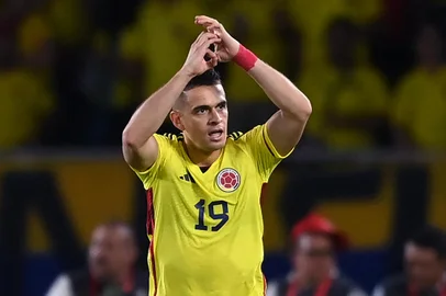 Colombia's forward Rafael Santos Borre celebrates after scoring a goal during the 2026 FIFA World Cup South American qualifiers football match between Colombia and Venezuela at the Roberto Melendez Metropolitan stadium in Barranquilla, Colombia, on September 7, 2023. (Photo by JUAN BARRETO / AFP)Editoria: SPOLocal: BarranquillaIndexador: JUAN BARRETOSecao: soccerFonte: AFPFotógrafo: STF<!-- NICAID(15635707) -->
