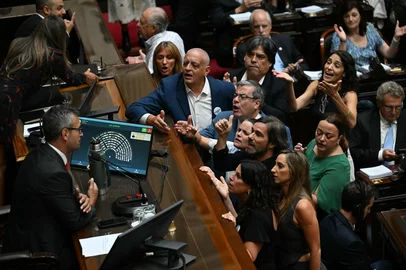 Opposition deputies argue with Argentine Chamber of Deputies President Martin Menem during a session to debate labor law reforms at the National Congress in Buenos Aires on February 19, 2026. The contested reforms pushed by Argentina's President Javier Milei would make it easier to hire and fire workers in a country where job security is already hard to come by. It would also reduce severance pay, limit the right to strike, increase work hours and restrict holiday provisions. (Photo by Luis ROBAYO / AFP)Editoria: LABLocal: Buenos AiresIndexador: LUIS ROBAYOSecao: governmentFonte: AFPFotógrafo: STF<!-- NICAID(16228750) -->