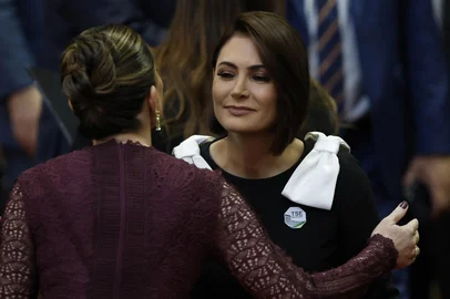 Michelle Bolsonaro, wife of Brazilian President Jair Bolsonaro, attends the swearing-in of Judge Nunes Marques as President of the Superior Electoral Court (TSE) in Brasilia on May 12, 2026. (Photo by Sergio Lima / AFP)<!-- NICAID(16284990) -->