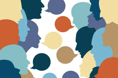 People profile heads in dialogue.  Vector background.<!-- NICAID(15960263) -->