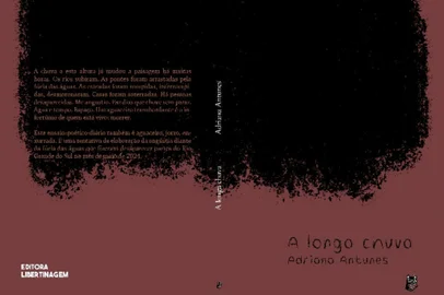 A longa chuva: ensaio-poético-diário de sobrevivência à fúria das águas. Está em pré-venda pela editora Libertinagem o novo livro da escritora, jornalista e psicanalista Adriana Antunes. É um livro em forma de ensaio que mistura literatura, psicanálise e meio ambiente. É um livro em forma de diário, pois traz nas notas de rodapé impressões minhas do presente e lembranças do passado. É um livro-enxurrada que fala do mês de maio e da catástrofe ambiental que o Rio Grande do Sul enfrentou. <!-- NICAID(15875581) -->
