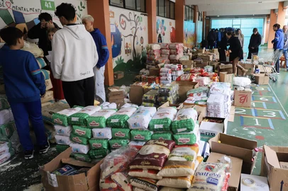 CAXIAS DO SUL, RS, BRASIL. 18-07-2025. O Colégio São Carlos arrecadou 7.456 quilos de alimentos não perecíveis para entidades sociais de Caxias do Sul. A ação integra uma gincana, realizada nesta semana, entre alunos do 7° ao 9° ano.Indexador: Bruno Todeschini<!-- NICAID(16083218) -->