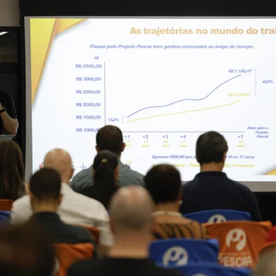 PORTO ALEGRE, RS, BRASIL, 07-04-2026: O pesquisador do Laboratório de Estudos e Pesquisas em Educação e Economia Social (Lepes) da Universidade de São Paulo (USP), Fernando de Bezerra Lollo, durante coletiva de apresentação de resultados da Pesquisa de Monitoramento de Egressos do Projeto Pescar, na sede da Fundação Projeto Pescar. Foto: Mateus Bruxel/Agência RBSIndexador: MATEUS BRUXEL<!-- NICAID(16260378) -->