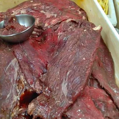 Pedaço de carne crua com coloração escura.