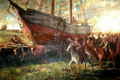 Garibaldi e a esquadra farroupilha ou Expedição à Laguna (1916) tela do pintor Lucílio de Albuquerque peretencente ao acervo do Instituto de Educação Gen. Flores da Cunha.<!-- NICAID(14605505) -->