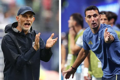 (COMBO) This combination of file photos created on July 12, 2026, shows England's German head coach Thomas Tuchel in East Rutherford on June 27, 2026 (L); and Argentina's head coach Lionel Scaloni in Atlanta on July 7, 2026. England and Argentina will meet in a 2026 World Cup semi-final football match at the Atlanta Stadium in Atlanta on July 15, 2026. (Photo by Charly TRIBALLEAU and Odd ANDERSEN / AFP)Editoria: SPOLocal: AtlantaIndexador: CHARLY TRIBALLEAUSecao: soccerFonte: AFPFotógrafo: STF<!-- NICAID(16326536) -->