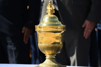 View of the urn with the heart of Dom Pedro I (founder and first ruler of the Empire of Brazil), upon it arrival at the Brasilia Air Base, on August 22, 2022. - Preserved in formaldehyde for 187 years, the emperor's heart was brought from Portugal to commemorate the 200 years of Brazil's Independence. (Photo by EVARISTO SA / AFP)Editoria: POLLocal: BrasíliaIndexador: EVARISTO SASecao: politics (general)Fonte: AFPFotógrafo: STF<!-- NICAID(15183163) -->
