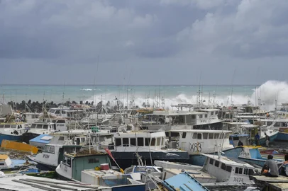 Damaged fishing boats pile up against each other after Hurricane Beryl at the Bridgetown Fish Market, Bridgetown, Barbados, July 1, 2024. (Photo by Randy Brooks / AFP)<!-- NICAID(15803081) -->