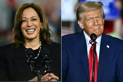 (COMBO) This combination of pictures created on October 30, 2024 shows US Vice President and Democratic presidential candidate Kamala Harris (L) speaking during a Get Out the Vote rally at the Pennsylvania Farm Show Complex & Expo Center in Harrisburg, Pennsylvania, on October 30, 2024 and former US President and Republican presidential candidate Donald Trump speaking at a campaign rally at the PPL Center in Allentown, Pennsylvania, on October 29, 2024.  (Photo by ANGELA WEISS / AFP)<!-- NICAID(15904683) -->