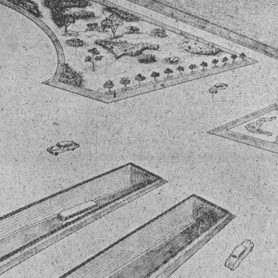 Reportagem de 1950 com imagem do projeto de túnel no GuaíbaEmbocadura no lado de POA, região do Gasômetro<!-- NICAID(15293716) -->