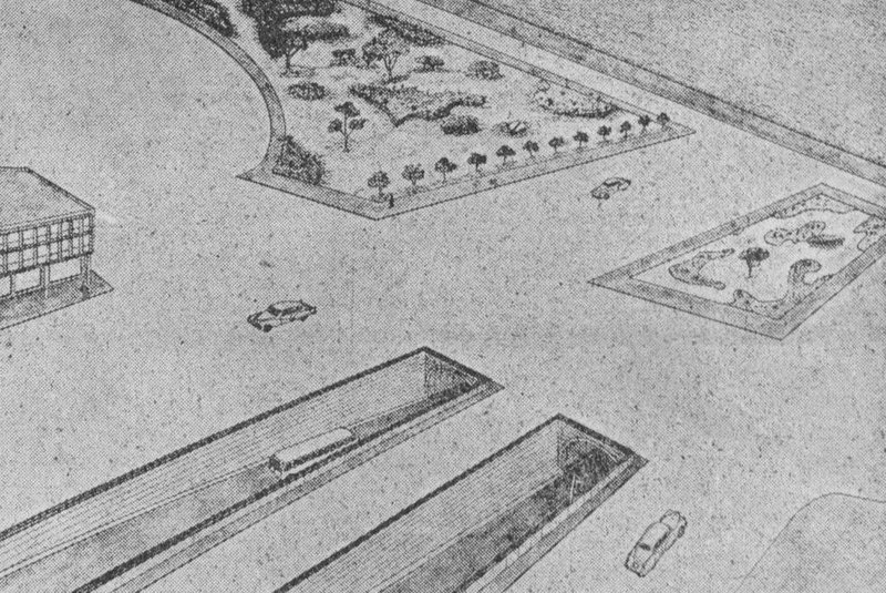 Reportagem de 1950 com imagem do projeto de túnel no GuaíbaEmbocadura no lado de POA, região do Gasômetro<!-- NICAID(15293716) -->