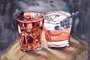 watercolor illustration of 2 glasses with a red drink and ice on a tree on a dark textured backgroundFonte: 605897562<!-- NICAID(15645270) -->