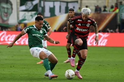Palmeiras' forward #09 Vitor Roque (L) and Flamengo's Uruguayan defender #02 Guillermo Varela (R) fight for the ball during the all Brazilian Copa Libertadores final football match between Palmeiras and Flamengo at Monumental 'U' Marathon stadium in Lima on November 29, 2025. (Photo by Luis ACOSTA / AFP)Editoria: SPOLocal: LimaIndexador: LUIS ACOSTASecao: soccerFonte: AFPFotógrafo: STF<!-- NICAID(16177047) -->