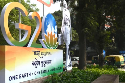 The G-20 logo is seen after its unveiling in New Delhi on December 1, 2022. - India will officially assume G-20 Presidency on December 1. (Photo by Money SHARMA / AFP)<!-- NICAID(15282115) -->