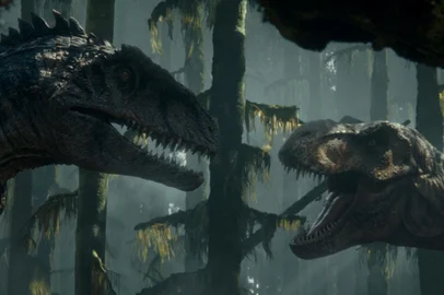 (from left) A Giganotosaurus and T. Rex in Jurassic World Dominion, co-written and directed by Colin Trevorrow.<!-- NICAID(15111732) -->