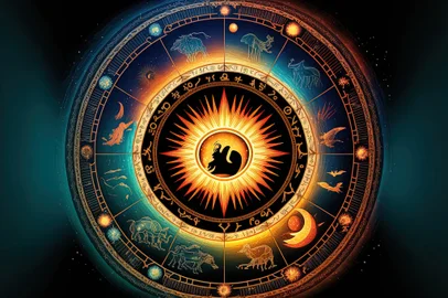 zodiac signs according to astrology within the horoscope circle. Background of Sunrise and Sun above Zodiac Wheel. the idea of the universe's power. Generative AISignos do zodíaco, horóscopo. Foto: 2ragon / stock.adobe.comFonte: 555895415<!-- NICAID(15324935) -->