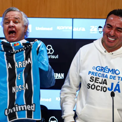 Alberto Guerra, Paulo Odone e Marcelo Marques na coletiva de imprensa sobre o anúncio da nova fase da Arena do Grêmio<!-- NICAID(16081815) -->