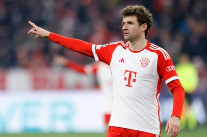 Bayern Munich's German forward #25 Thomas Mueller reacts during the UEFA Champions League Group A football match between Bayern Munich and FC Copenhagen in Munich, on November 29, 2023. (Photo by MICHAELA REHLE / AFP)Editoria: SPOLocal: MunichIndexador: MICHAELA REHLESecao: soccerFonte: AFPFotógrafo: STR<!-- NICAID(15613335) -->