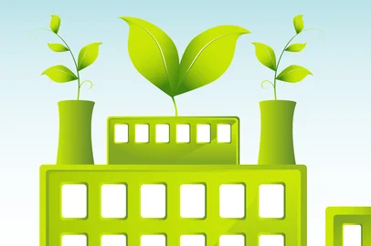 Building with green leaves representing company is energy conscious.sustentável, prédio, construção, fábrica, verde, sustentabilidade, ecológico<!-- NICAID(8534100) -->