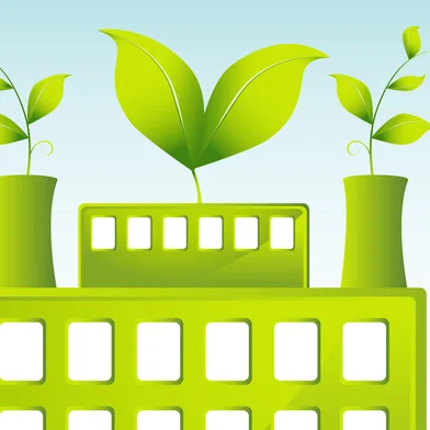 Building with green leaves representing company is energy conscious.sustentável, prédio, construção, fábrica, verde, sustentabilidade, ecológico<!-- NICAID(8534100) -->