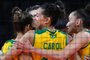 Brazil's players react after a point in the women's semi-final volleyball match between Brazil and South Korea during the Tokyo 2020 Olympic Games at Ariake Arena in Tokyo on August 6, 2021. (Photo by YURI CORTEZ / AFP)Editoria: SPOLocal: TokyoIndexador: YURI CORTEZSecao: volleyballFonte: AFPFotógrafo: STF<!-- NICAID(14855862) -->