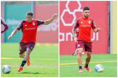 Gabriel Carvalho e Bruno Tabata no treino do Inter