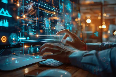 Close-up of a designer's hand using AI technology to edit a holographic image on a futuristic computer in the office.<!-- NICAID(15978957) -->