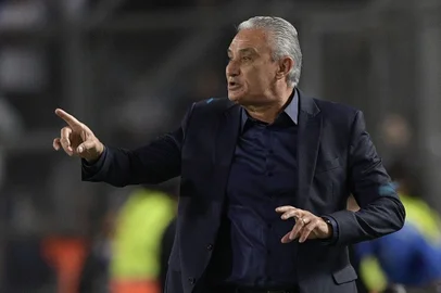 Brazil's coach Tite gives instructions during the South American qualification football match for the FIFA World Cup Qatar 2022 against Argentina at the San Juan del Bicentenario stadium in San Juan, Argentina, on November 16, 2021.Juan Mabromata / AFP
