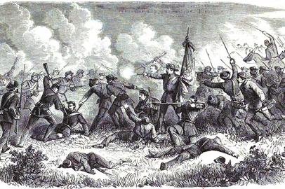 Ilustração da batalha de São Borja, em 10 de junho de 1865, na Guerra do Paraguai<!-- NICAID(16056061) -->