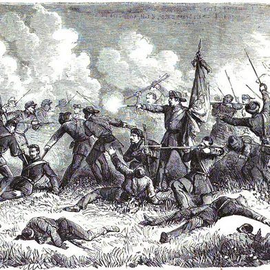 Ilustração da batalha de São Borja, em 10 de junho de 1865, na Guerra do Paraguai<!-- NICAID(16056061) -->