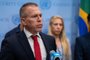 NEW YORK, NEW YORK - Permanent Representative of Israel to the United Nations Gilad Erdan addresses the press on the situation in the Middle East at the United Nations Headquarters while accompanied with family members of individuals kidnapped by Hamas on October 24, 2023 in New York City. Permanent Representative of Israel to the United Nations Gilad Erdan called for the resignation of Secretary-General of the United Nations António Guterres for not supporting Israel.   David Dee Delgado/Getty Images/AFP (Photo by David Dee Delgado / GETTY IMAGES NORTH AMERICA / Getty Images via AFP)<!-- NICAID(15578552) -->