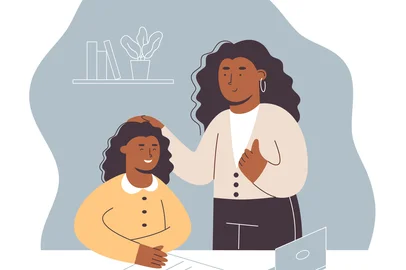 Happy mom showing thumb up hand to praise smiling daughter. . Mother helps little schoolgirl daughter with homework, praises, s<!-- NICAID(15946985) -->