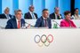 LtoR, International Olympic Committee executive board member Denis Oswald, IOC President Thomas Bach, IOC executive board member Ivo Ferriani, IOC director Christophe De Kepper, IOC executive board member Prince Faisal bin al-Hussain, IOC Vice-president Nicole Hoevertsz and IOC executive board member Mikaela Cojuangco-Jaworski attend in Lausanne on June 22, 2023, an extraordinary hybrid IOC Session to vote to withdraw its recognition of the International Boxing Association (IBA) over its failure to address governance, finance and corruption concerns. (Photo by Fabrice COFFRINI / AFP)<!-- NICAID(15463701) -->