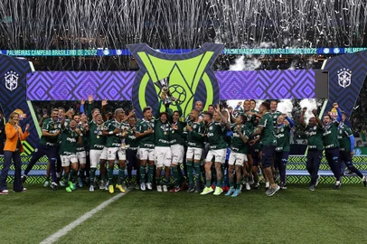 Diretoria, comissÃ£o tÃ©cnica, jogadores e staff, da SE Palmeiras, comemoram a conquista do Campeonato Brasileiro, SÃ©rie A, apÃ³s jogo contra a equipe do AmÃ©rica FC, partida vÃ¡lida pela trigÃ©sima sÃ©tima rodada, do Campeonato Brasileiro, SÃ©rie A, na arena Allianz Parque. (Foto: Cesar Greco/Palmeiras/by Canon)<!-- NICAID(15381664) -->