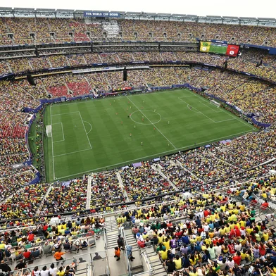 General view of the stadium during the 2026 World Cup round of 16 football match between Brazil and Norway at the New York/New Jersey Stadium in East Rutherford on July 5, 2026.  (Photo by CHARLY TRIBALLEAU / AFP)<!-- NICAID(16324290) -->